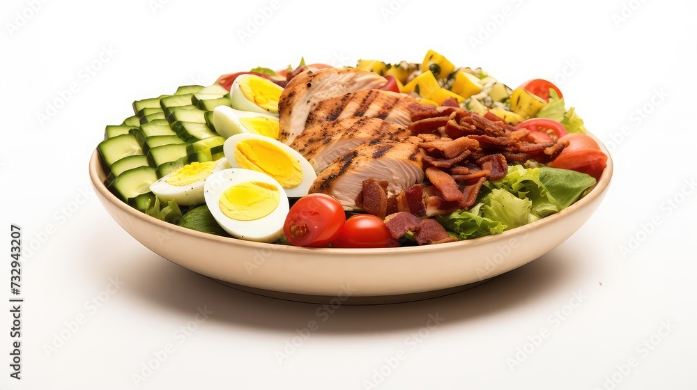 Plate of salad with ham, eggs, avocado, tomatoes and lettuce Plate of salad with ham, eggs, avocado, tomatoes and lettuce