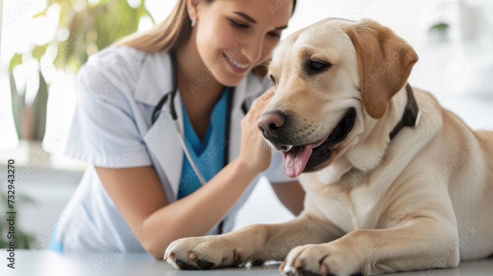 A woman in a white lab coat, her gaze focused, meticulously examines a golden retriever in her orderly workspace.