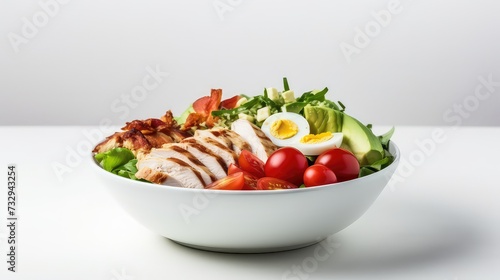 Healthy salad with chicken fillet  tomatoes  avocado and eggs