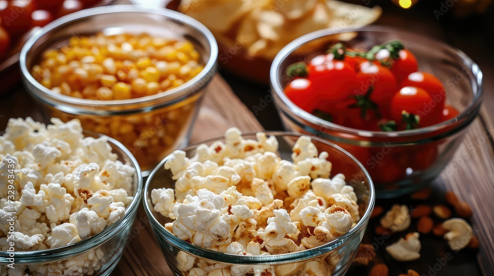 Popcorn, tomatoes and cheese in glass bowls on wooden table, closeup Popcorn, tomatoes and cheese in glass bowls on wooden table, closeup