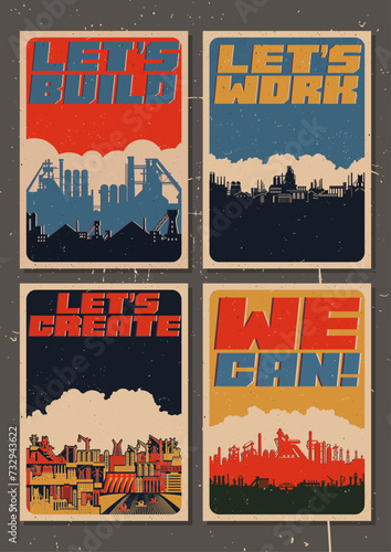 Factories, Plants, Cities, Construction Sites - Retro Working Propaganda Posters Style Illustration Set. Aged Texture Pattern, Mid Century Modern Colors Palette