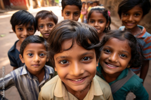 A group of smiling Indian children look at the camera with interest close-up, childish spontaneity