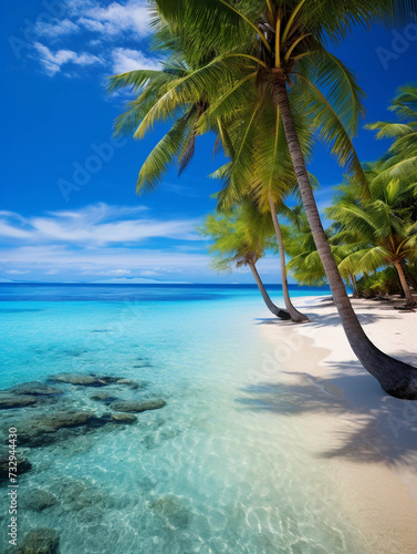 A beautiful exotic beach with palm trees  white sand and blue water. 