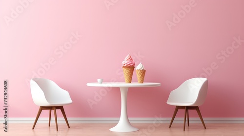 Ice cream in waffle cone with two chairs on pink wall background
