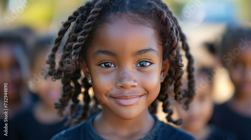 African girl at primary school Cute black kid in countryside looking at camera while with classmates in school,generative ai © Krisana
