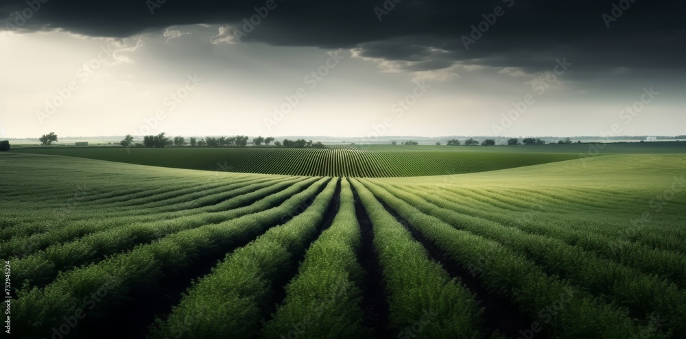 Long row of blackcurrant plantations in dark cloudy sky