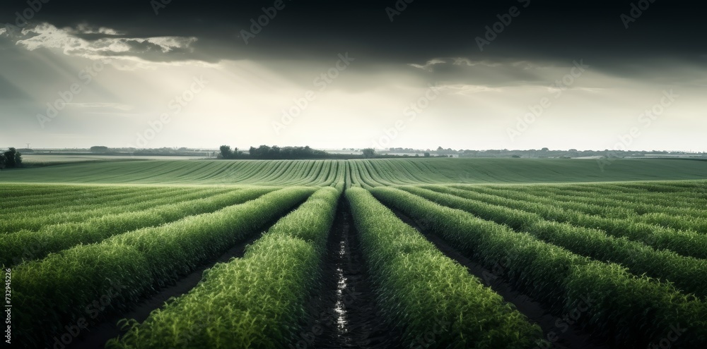 Long row of blackcurrant plantations in dark cloudy sky Long row of blackcurrant plantations in dark cloudy sky