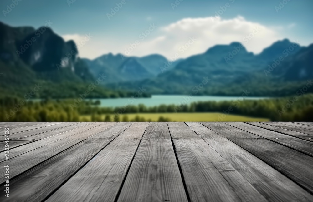 Empty old wooden table in front of blurred background of the lake, blue sky Empty old wooden table in front of blurred background of the lake, blue sky