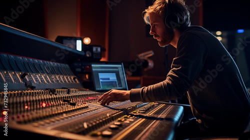 A man works behind a professional sound mixing board in a recording studio 