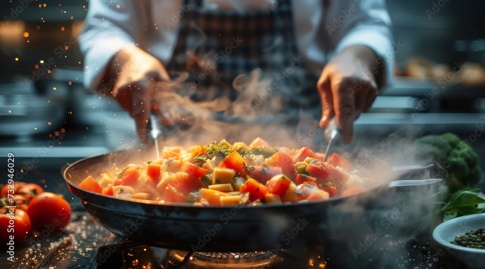 Chef actively cooking with vegetables in a skillet, with steam and motion highlighting the intense heat,ai generated Chef actively cooking with vegetables in a skillet, with steam and motion highlighting the intense heat,ai generated