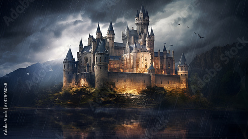  Majestic Moonlit Castle: A Captivating Digital Artwork Conjuring Enchantment and Fantasy Beneath the Glowing Night Sky