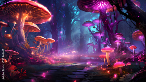 Glowing Enchantment  Digital Artwork Illuminating a Magical Forest with Bioluminescent Mushrooms and Glistening Crystals