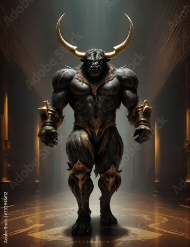 Powerful and Menacing Minotaur Awaits Its Adversaries in a Dark and Mysterious Scene - Mythical Creature from Greek Mythology Ready for Battle