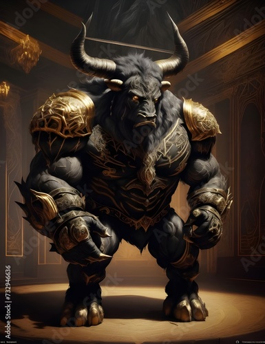 Powerful and Menacing Minotaur Awaits Its Adversaries in a Dark and Mysterious Scene - Mythical Creature from Greek Mythology Ready for Battle