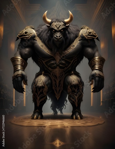 Powerful and Menacing Minotaur Awaits Its Adversaries in a Dark and Mysterious Scene - Mythical Creature from Greek Mythology Ready for Battle