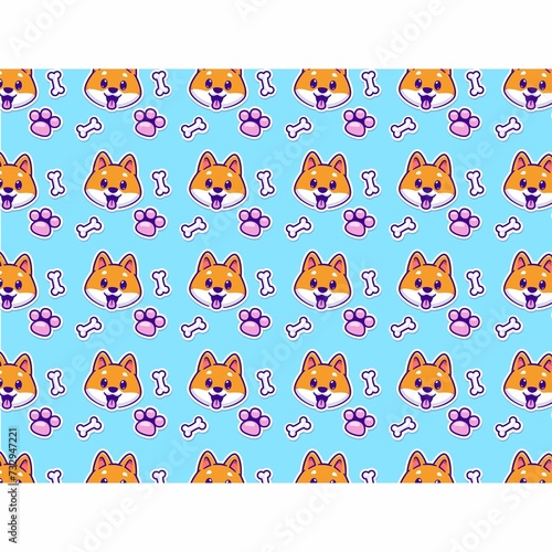 Fototapeta Naklejka Na Ścianę i Meble -  Seamless Pattern Cute Shiba Inu Dog With Bone Paw Cartoon Vector Icon Illustration Animal Flat