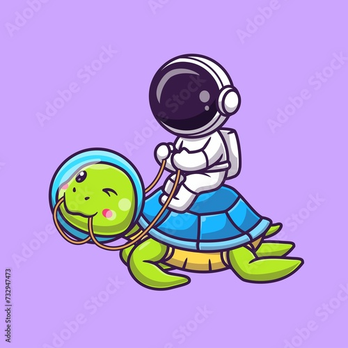 Cute Astronaut Riding Turtle Cartoon Vector Icon Illustration Science Animal Icon Isolated Flat