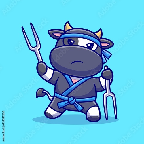 Cute Cow Ninja Holding Fork Sword Cartoon Vector Icon Illustration Animal Holiday Isolated Flat