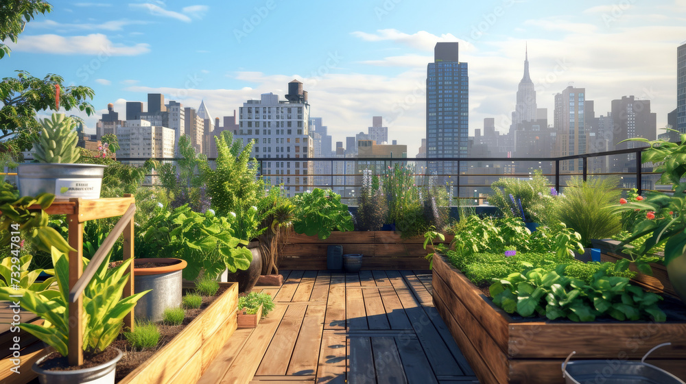 Urban Rooftop Garden Oasis with City Skyline. An urban home rooftop garden, with a variety of plants, vegetables, and a small composting area. Urban Rooftop Garden Oasis with City Skyline. An urban home rooftop garden, with a variety of plants, vegetables, and a small composting area.