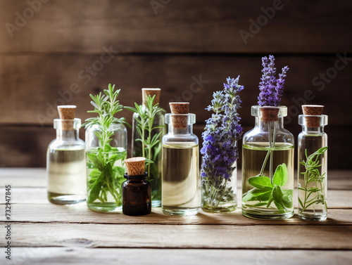 An assortment of essential oil bottles with fresh plants from which they re derived  like lavender  peppermint  and rosemary  arranged on a wooden surface 