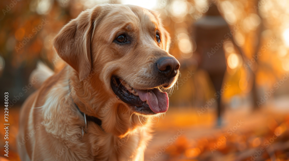 Golden Retriever Basking in Autumn Sunshine, A golden retriever dog with a shiny coat enjoys the warmth of the autumn sun, amidst a backdrop of rich fall colors.