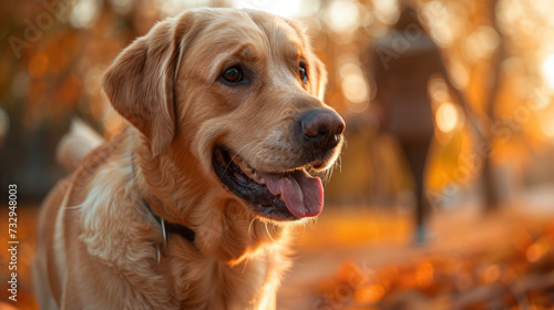 Golden Retriever Basking in Autumn Sunshine, A golden retriever dog with a shiny coat enjoys the warmth of the autumn sun, amidst a backdrop of rich fall colors.