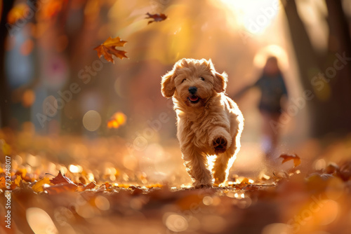 Joyful Dog Frolicking in Autumn Leaves, A small, joyful dog leaps through a cascade of falling autumn leaves, capturing the essence of playfulness in the fall season.