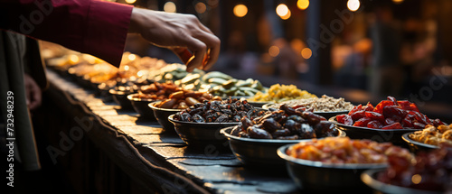 a many bowls of food on a table with people in the background