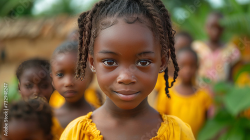 African girl at primary school Cute black kid in countryside looking at camera while with classmates in school,generative ai photo