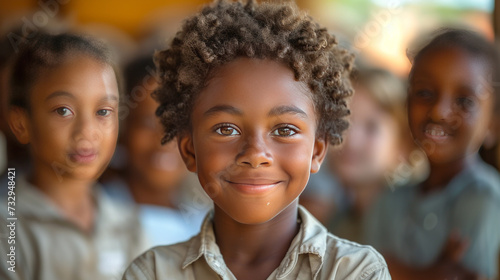 African boy at primary school Cute black kid in countryside looking at camera while with classmates in school,generative ai