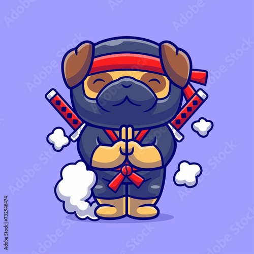 Fototapeta Naklejka Na Ścianę i Meble -  Cute Pug Dog Ninja Disappear Cartoon Vector Icon Illustration Animal Holiday Icon Isolated Flat