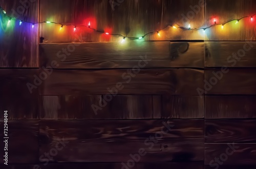 Christmas decorative lights. Christmas garland lights on wood. Colorful Xmas light bulbs on wooden table with copy space