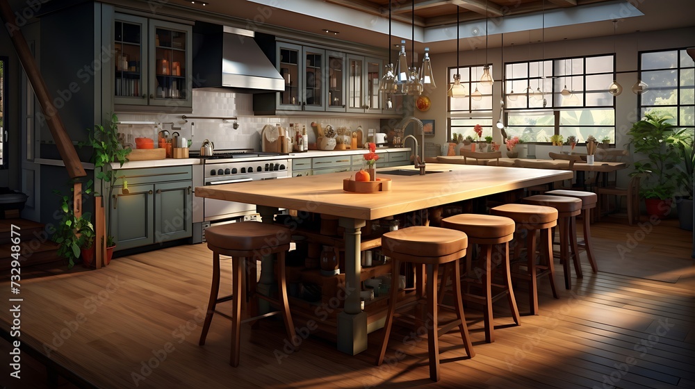 A spacious kitchen with a central island doubling as a dining table, surrounded by bar stools