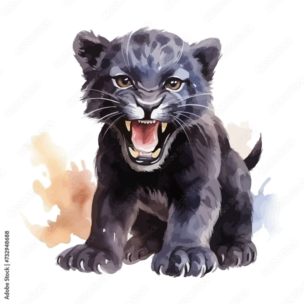 cartoon angry black panther in watercolor painting style