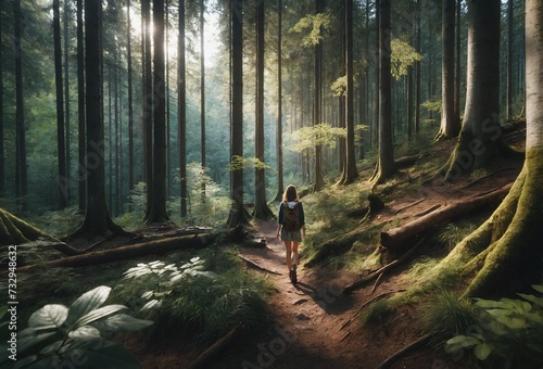 a young woman walking alone in the forest