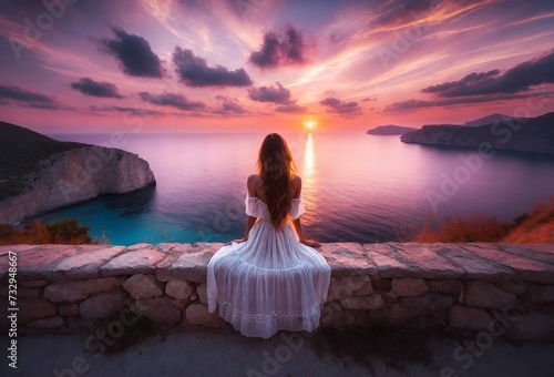 a girl in a white dress sitting on a parapet overlooking the sea