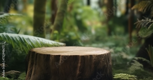 Wood tabletop counter podium floor in outdoors tropical garden forest blurred green blue leaf plant nature background