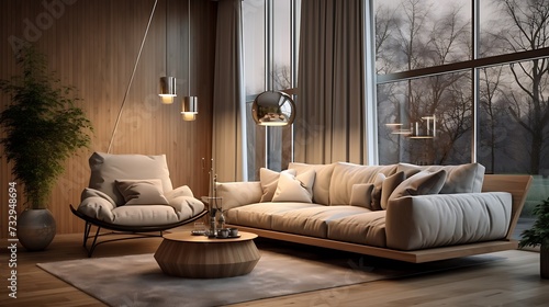 A spacious living room with a modular sofa and a hanging swing chair as an accent