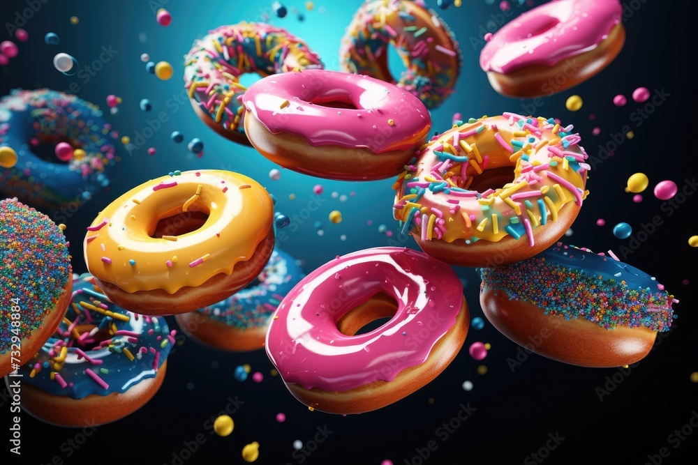 A bunch of donuts that are flying in the air. Mix of multicolored doughnuts, flying doughnuts scene mix of multicolored sweet donuts. Ai generated A bunch of donuts that are flying in the air. Mix of multicolored doughnuts, flying doughnuts scene mix of multicolored sweet donuts. Ai generated