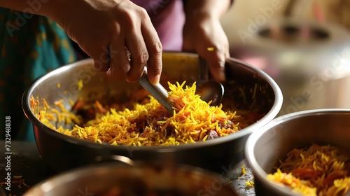 Hands of woman cooking pilaf in restaurant kitchen, closeup