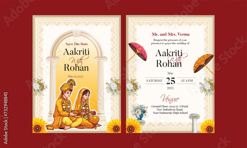 Traditional Royal Wedding Invitation card design with bride and groom illustration in Yellow