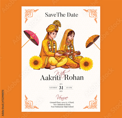 Traditional Royal Wedding Invitation card design with bride and groom illustration in Yellow