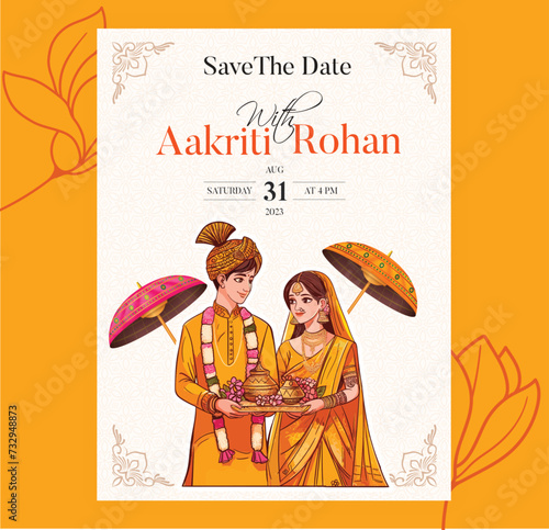 Traditional Royal Wedding Invitation card design with bride and groom illustration in Yellow