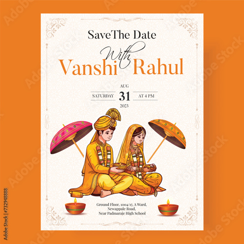 Traditional Royal Wedding Invitation card design with bride and groom illustration in Yellow
