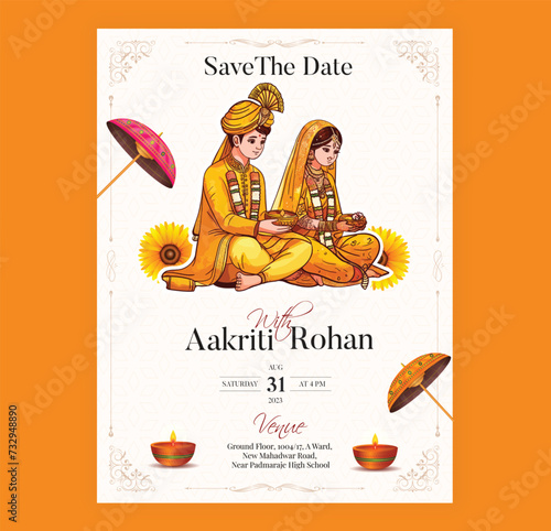 Traditional Royal Wedding Invitation card design with bride and groom illustration in Yellow