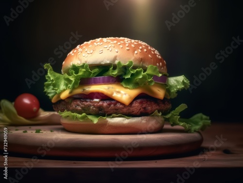 juicy beefy burger on flaming smoked dark background