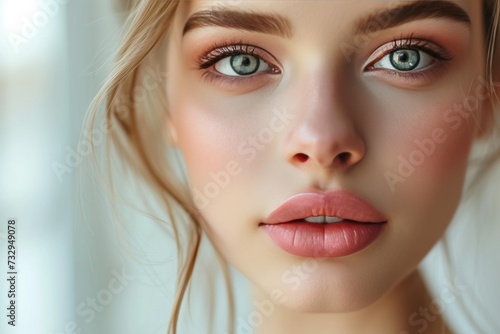 Luminous Beauty: Woman's Radiant Complexion and Lips in Close-Up