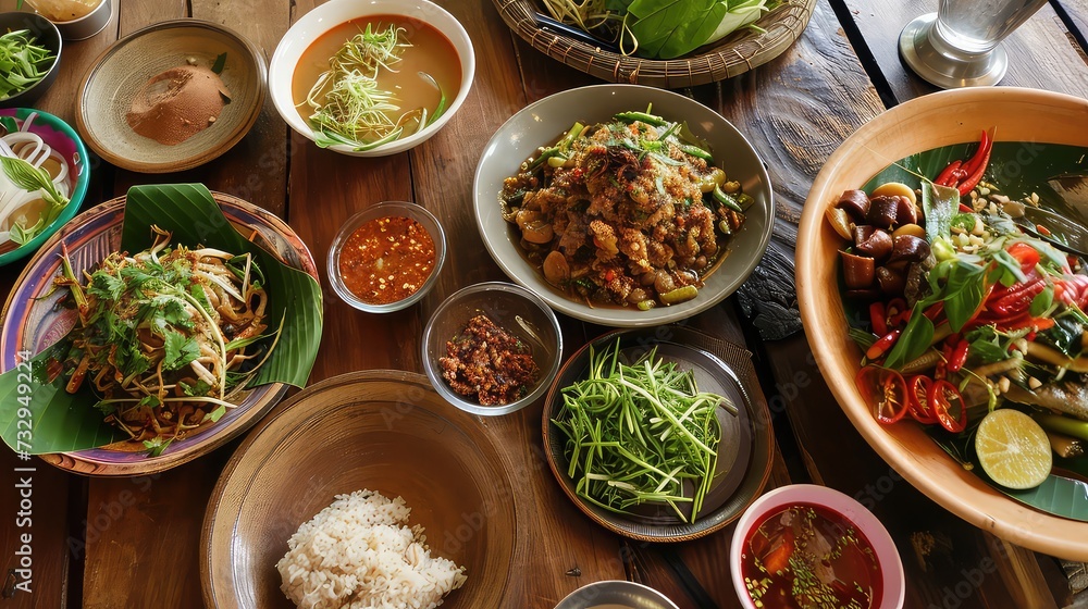 Top view of Thai food on wooden table, Traditional thai food