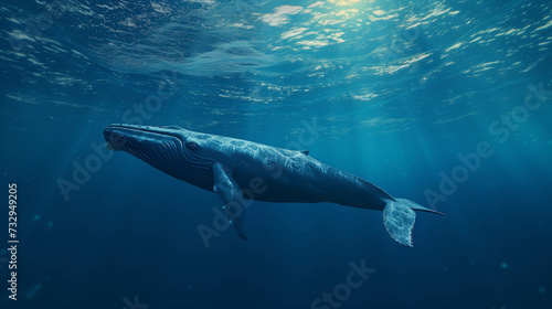 A large whale swimming underwater in the ocean.