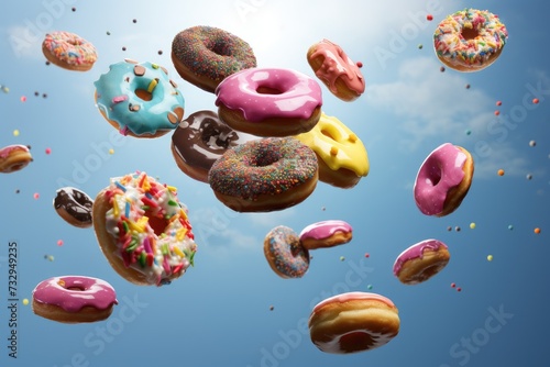 Flying donuts. Mix of multicolored doughnuts, flying doughnuts scene mix of multicolored sweet donuts. Ai generated